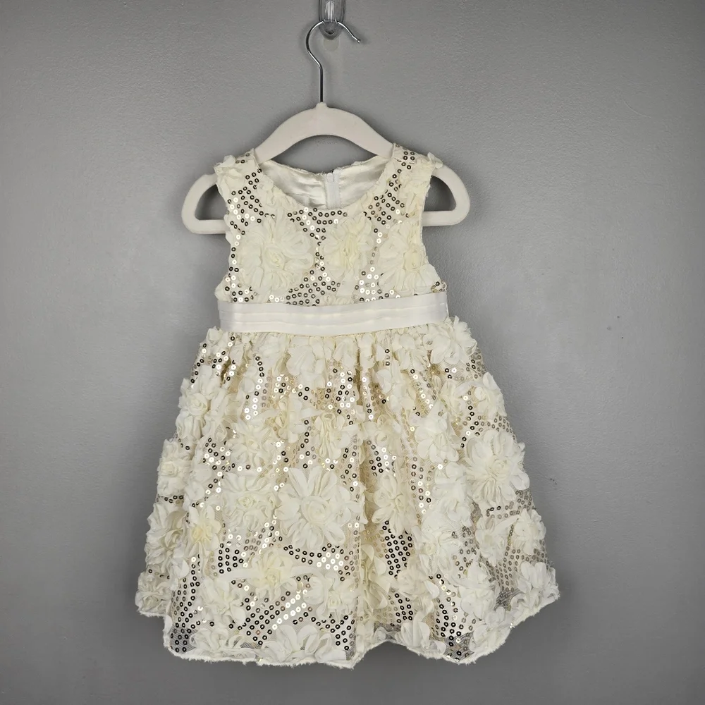 American Princess Ivory Gold Sequin Floral Dress Baby Girl Sz 24M Formal Party